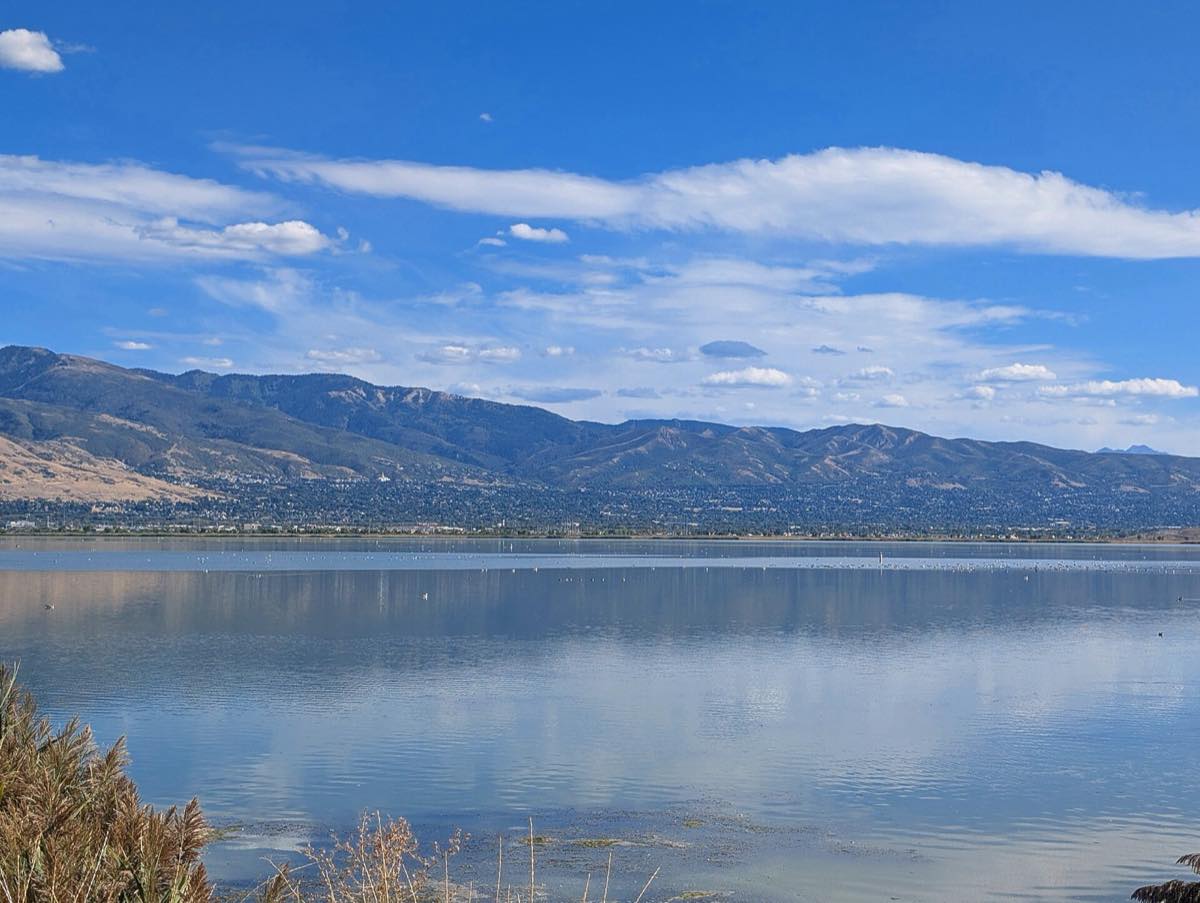 The Wasatch Front seen across the water at Farmington Bay