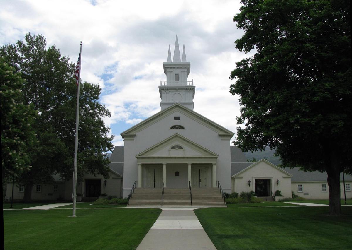 Bountiful Tabernacle (1863) at Main and Center Streets, front lawn and steeple