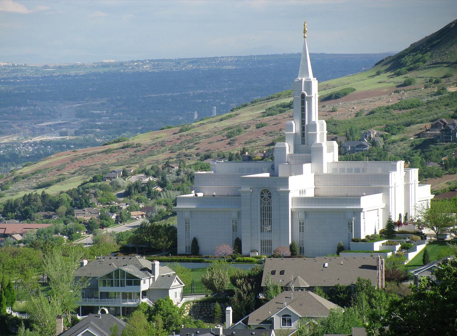 Bountiful Utah Temple on the east bench above Bountiful homes, with the Salt Lake Valley behind