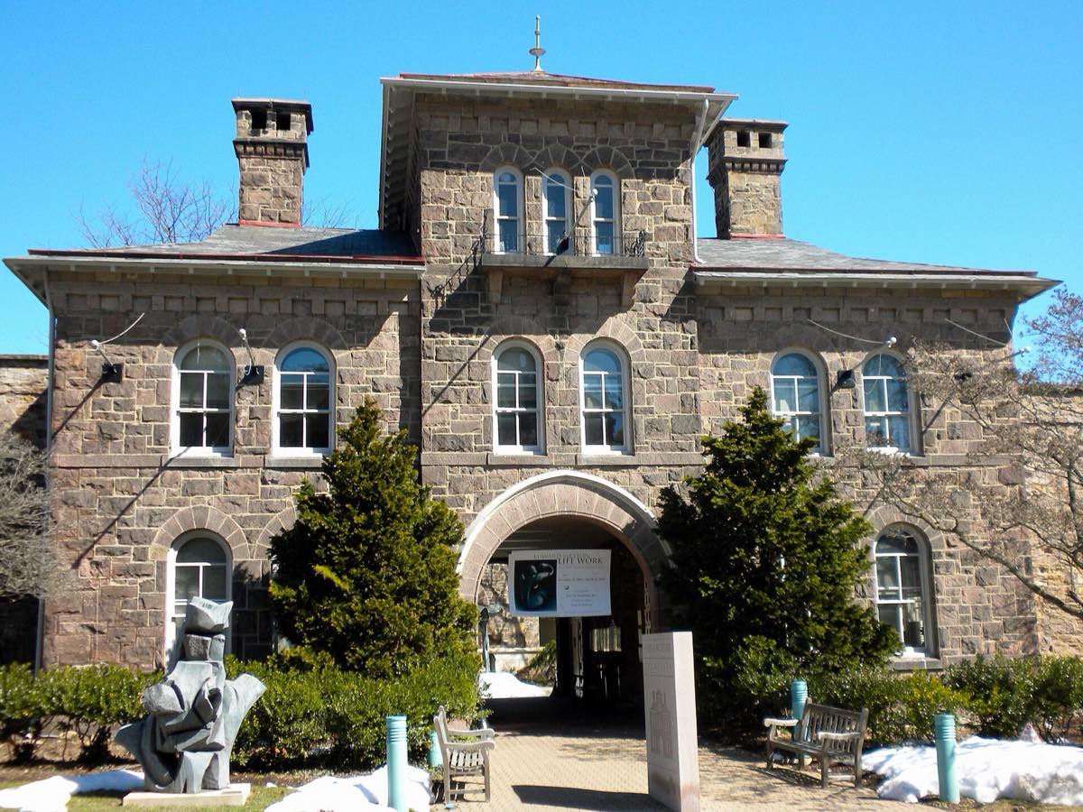 The arched stone entrance of the Michener Art Museum, built as the Bucks County Jail