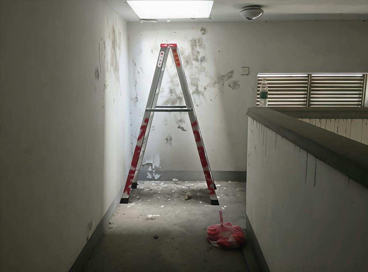 Stepladder in a hallway whose walls show water stains, mold spots and peeling paint, with debris on the floor