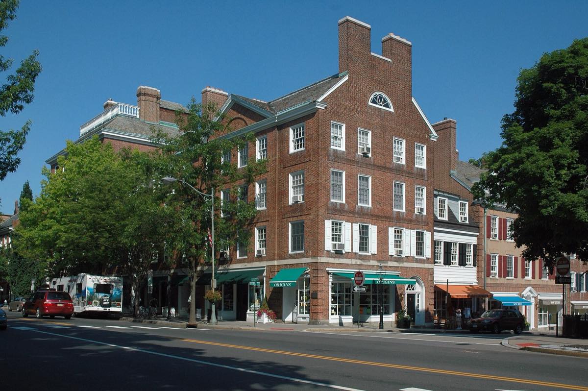 Brick storefront buildings at the corner of Nassau Street and Palmer Square in downtown Princeton