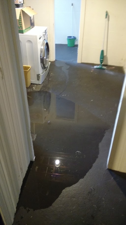 Dark water pooling across a basement floor in front of a washing machine, with a mop leaning on the wall