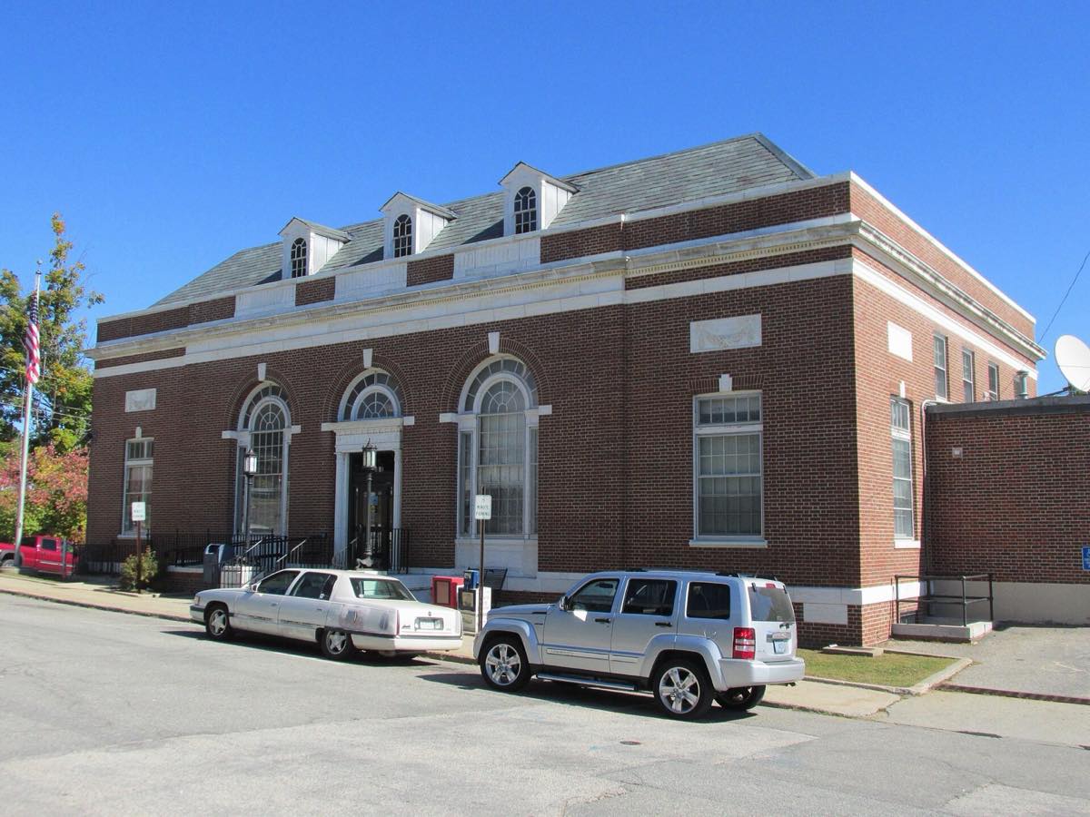Somersworth's brick US Post Office with arched windows, next to City Hall on Government Way