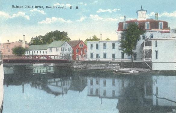 Old postcard looking across the Salmon Falls River from Somersworth toward Berwick, Maine